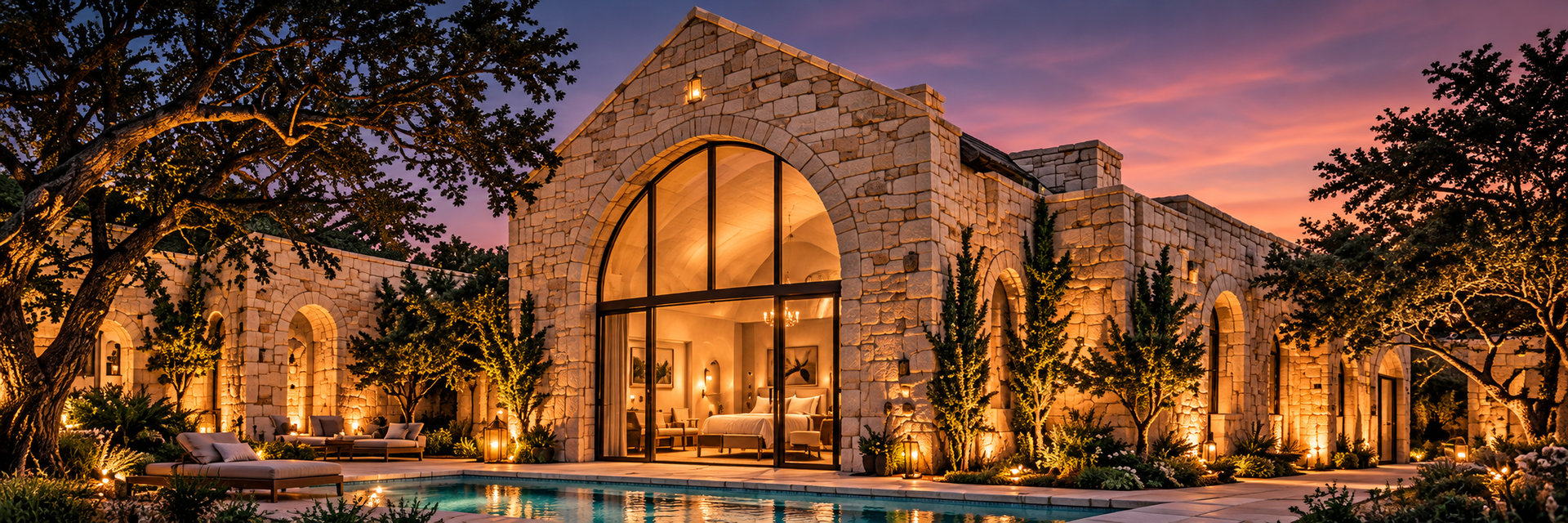 Concept rendering of a chapel-inspired stone suite with arched glazing