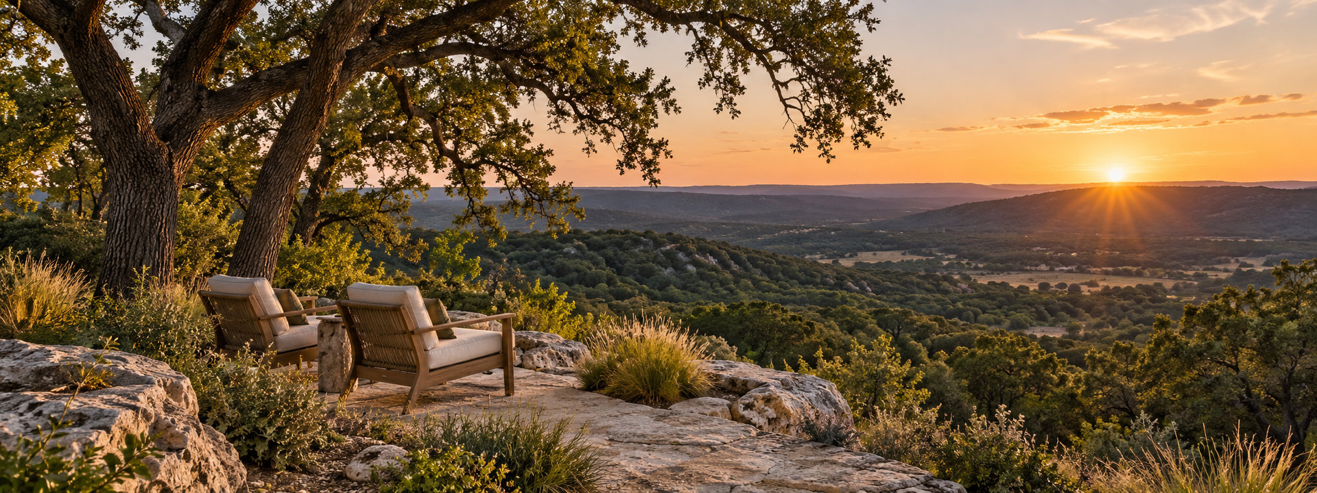 Illustrative quiet seating overlooking the Hill Country at sunset