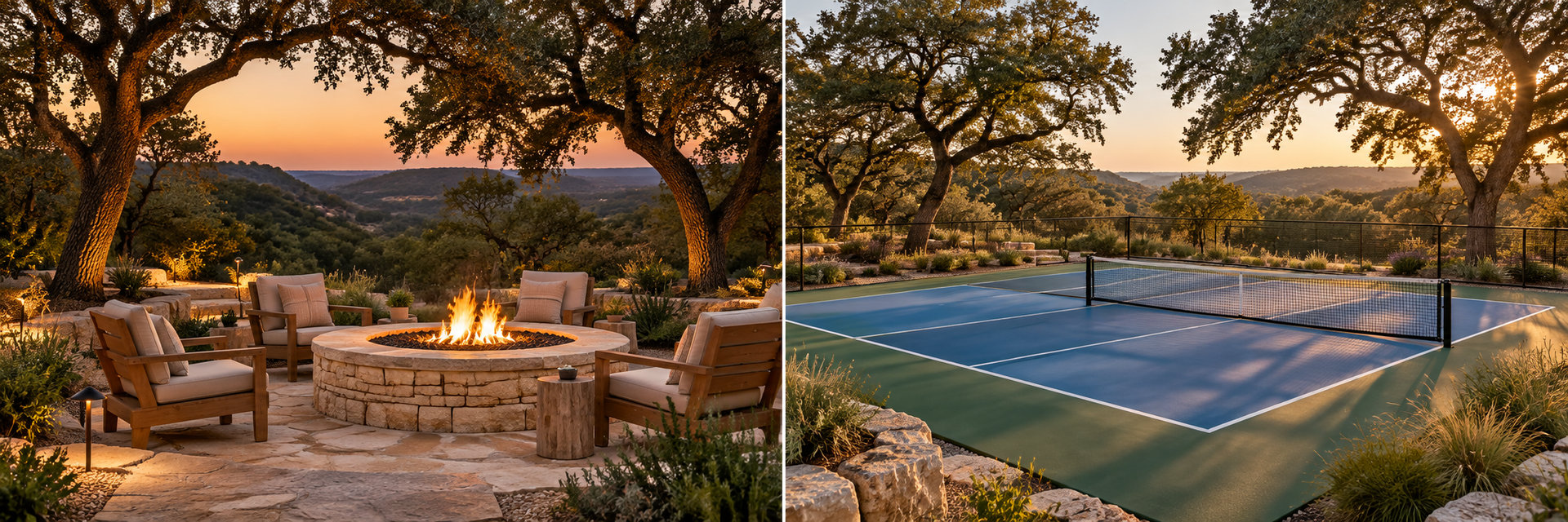 Illustrative stone firepit with lounge seating among Hill Country trees