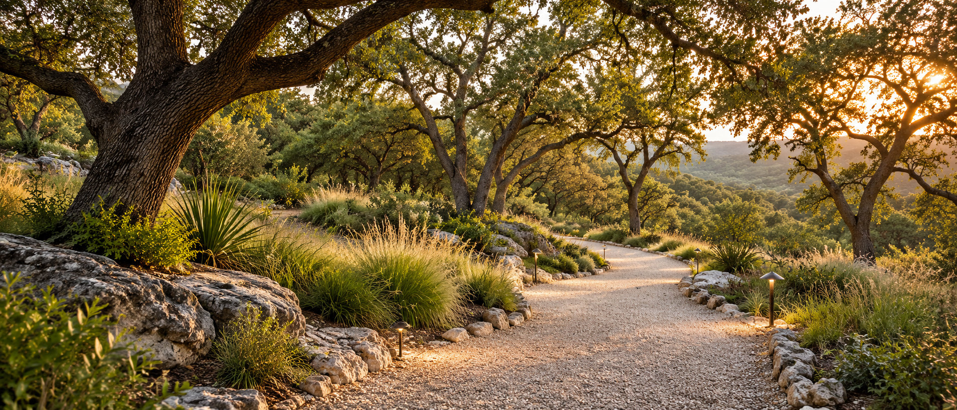 Illustrative woodland walking path among live oaks